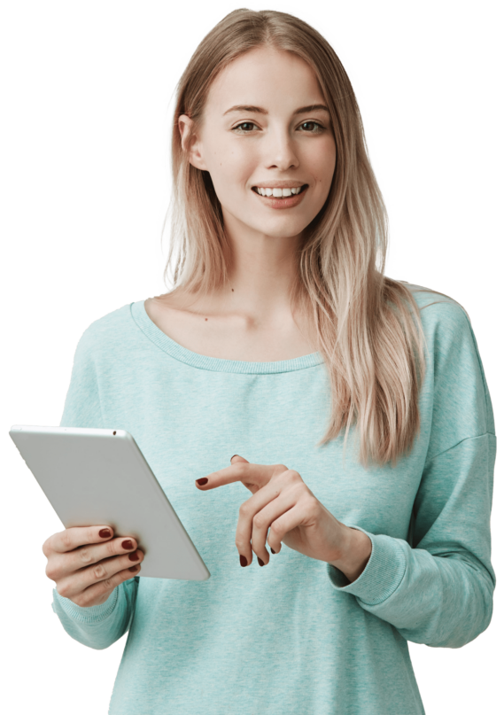A young woman holding a tablet computer.